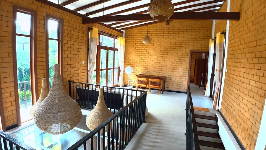 Open upstairs landing with woven pendant lights — Syndeo Garden, Hikkaduwa