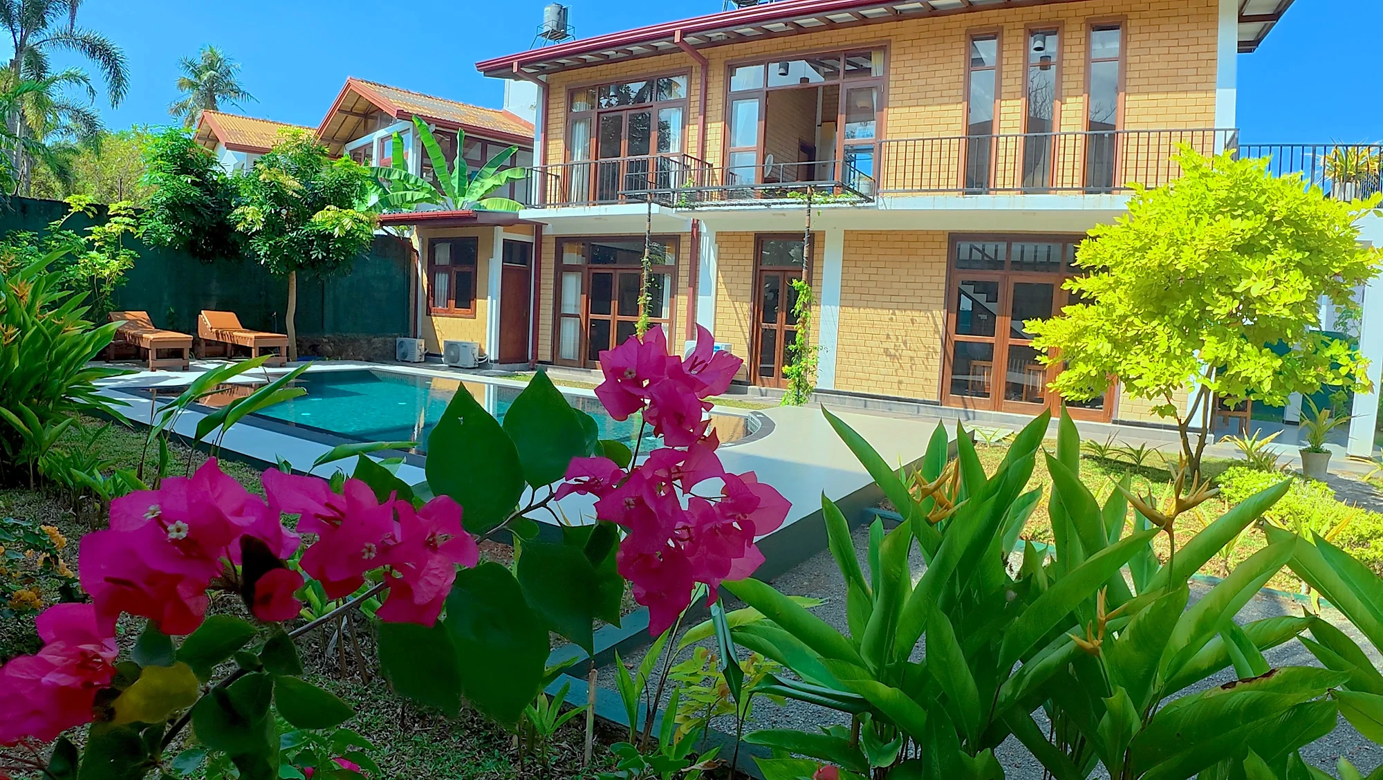 Tropical flowers with the villa and pool beyond — Syndeo Garden, Hikkaduwa